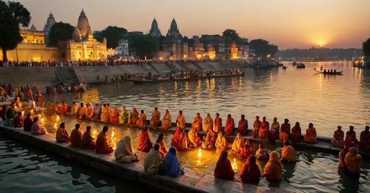 photograph a group of indian people in many colorful typical dresses are gathered at the edge of Ganges river, in India, (at sunset:1.3), golden hour, festivities, hinduism, holy bath, hinduist festivity, photorealistic, travel photography, (National Geography style:1.4), high definition, highest details, 8k, masterpiece, incredible light, 50mm . cinematic 4k epic detailed 4k epic detailed photograph shot on kodak detailed cinematic hbo dark moody, 35mm photo, grainy, vignette, vintage, Kodachrome, Lomography, stained, highly detailed, found footage, cinematic still a group of indian people in many colorful typical dresses are gathered at the edge of Ganges river, in India, (at sunset:1.3), golden hour, festivities, hinduism, holy bath, hinduist festivity, photorealistic, travel photography, (National Geography style:1.4), high definition, highest details, 8k, masterpiece, incredible light . emotional, harmonious, vignette, 4k epic detailed, shot on kodak, 35mm photo, sharp focus, high budget, cinemascope, moody, epic, gorgeous, film grain, grainy, (masterpiece), (best quality), (ultra-detailed), a group of indian people in many colorful typical dresses are gathered at the edge of Ganges river, in India, (at sunset:1.3), golden hour, festivities, hinduism, holy bath, hinduist festivity, photorealistic, travel photography, (National Geography style:1.4), high definition, highest details, 8k, masterpiece, incredible light, illustration, disheveled hair, detailed eyes, perfect composition, moist skin, intricate details, earrings, by wlop