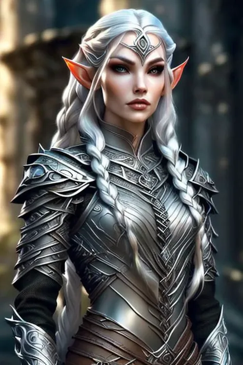 elf woman warrior s, elves, white hair, ((braided hair)), perfect face, beautiful face, slender figure, elven runes, silver skin, upper body, cowboy shot, ornate black and silver armor, cinematic lighting, golden hour, beautiful, silver eyes, castle ruins, masterpiece, bokeh, rim light, elar  <lora:ElvenArmor:1> <lora:dynamic_shot_42_rim_light:0.6>