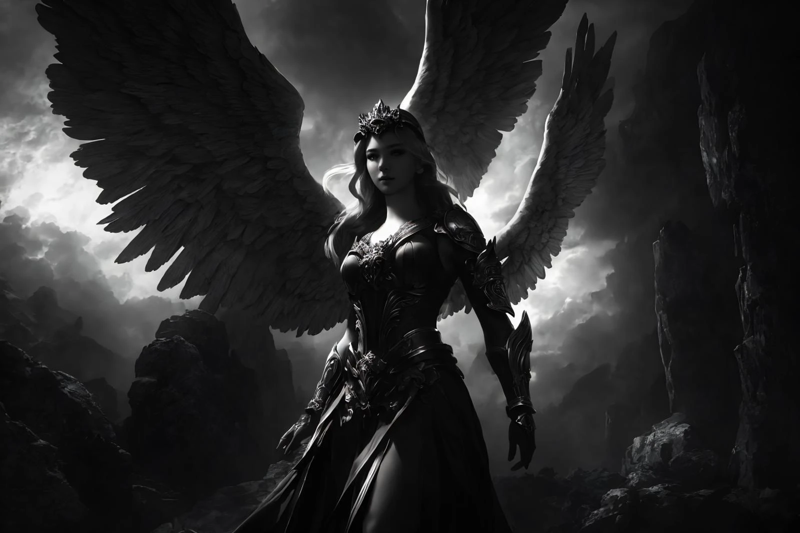 anthropomorphic female incredible creature from the Mariana Trench, gold eyes, angel, seraphim, angelic, angel wings,
fit body, fantasy armor, midriff, sexy,
perfect proportions, perfect anatomy, fit, nsfw sexy,
dynamic pose, angled shot, atmospheric, serene, heavenly,
fantasy, black background, cinematic, absurdres, high contrast, dark, shadows, beautiful, loincloth, Greek Goddess Athena, Mount Olympus,
ultra realistic, photography hyper realistic and hyper detailed, hyper emotional, epic underwater lighting, 32k UHD resolution, style expressive, epic background, nature, full shot, symmetrical, Greg Rutkowski, Charlie Bowater, Beeple, Unreal 5, hyperrealistic, dynamic lighting, fantasy art
Decadent, elegant, struggling, lifting earth,
<lora:dynamic_shot_10_film_noir_style:1> black, and, white, high, contrast, phas10, monochrome, greyscale, viewer, 1girl, looking, sky, hair, humans, scenery, photorealistic, photograph, photo, dlsr, FujiFilm, extremely high detail, (volumetric lighting), (dynamic lighting), godrays, Rembrandt lighting, real shadows, intricate detail, detailed skin texture, (blush:0.2), (goosebumps:0.3), subsurface scattering