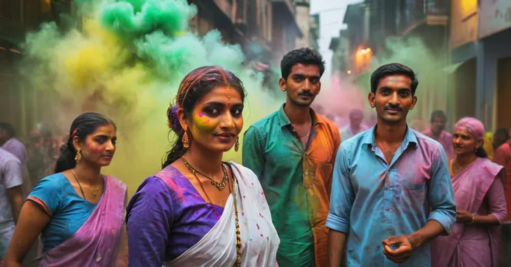 photograph a group of indian people in many colorful typical dresses in Mumbai streets, in India, festivities, color powder festival, hinduism, colored powder in the air, hinduist festivity, festival of Holi, photorealistic, travel photography, (National Geography style:1.4), high definition, highest details, 8k, masterpiece, incredible light, infinite colors, 50mm . cinematic 4k epic detailed 4k epic detailed photograph shot on kodak detailed cinematic hbo dark moody, 35mm photo, grainy, vignette, vintage, Kodachrome, Lomography, stained, highly detailed, found footage, cinematic still a group of indian people in many colorful typical dresses in Mumbai streets, in India, festivities, color powder festival, hinduism, colored powder in the air, hinduist festivity, festival of Holi, photorealistic, travel photography, (National Geography style:1.4), high definition, highest details, 8k, masterpiece, incredible light, infinite colors . emotional, harmonious, vignette, 4k epic detailed, shot on kodak, 35mm photo, sharp focus, high budget, cinemascope, moody, epic, gorgeous, film grain, grainy, (masterpiece), (best quality), (ultra-detailed), a group of indian people in many colorful typical dresses in Mumbai streets, in India, festivities, color powder festival, hinduism, colored powder in the air, hinduist festivity, festival of Holi, photorealistic, travel photography, (National Geography style:1.4), high definition, highest details, 8k, masterpiece, incredible light, infinite colors, illustration, disheveled hair, detailed eyes, perfect composition, moist skin, intricate details, earrings, by wlop, cinematic still a group of indian people in many colorful typical dresses in Mumbai streets, in India, festivities, color powder festival, hinduism, colored powder in the air, hinduist festivity, festival of Holi, photorealistic, travel photography, (National Geography style:1.4), high definition, highest details, 8k, masterpiece, incredible light, infinite colors . emotional, harmonious, vignette, highly detailed, high budget, bokeh, cinemascope, moody, epic, gorgeous, film grain, grainy