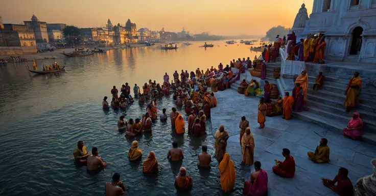 photograph a group of indian people in many colorful typical dresses are gathered at the edge of Ganges river, in India, (at sunset:1.3), golden hour, festivities, hinduism, holy bath, hinduist festivity, photorealistic, travel photography, (National Geography style:1.4), high definition, highest details, 8k, masterpiece, incredible light, 50mm . cinematic 4k epic detailed 4k epic detailed photograph shot on kodak detailed cinematic hbo dark moody, 35mm photo, grainy, vignette, vintage, Kodachrome, Lomography, stained, highly detailed, found footage, cinematic still a group of indian people in many colorful typical dresses are gathered at the edge of Ganges river, in India, (at sunset:1.3), golden hour, festivities, hinduism, holy bath, hinduist festivity, photorealistic, travel photography, (National Geography style:1.4), high definition, highest details, 8k, masterpiece, incredible light . emotional, harmonious, vignette, 4k epic detailed, shot on kodak, 35mm photo, sharp focus, high budget, cinemascope, moody, epic, gorgeous, film grain, grainy, (masterpiece), (best quality), (ultra-detailed), a group of indian people in many colorful typical dresses are gathered at the edge of Ganges river, in India, (at sunset:1.3), golden hour, festivities, hinduism, holy bath, hinduist festivity, photorealistic, travel photography, (National Geography style:1.4), high definition, highest details, 8k, masterpiece, incredible light, illustration, disheveled hair, detailed eyes, perfect composition, moist skin, intricate details, earrings, by wlop, a group of indian people in many colorful typical dresses are gathered at the edge of Ganges river, in India, (at sunset:1.3), golden hour, festivities, hinduism, holy bath, hinduist festivity, photorealistic, travel photography, (National Geography style:1.4), high definition, highest details, 8k, masterpiece, incredible light, inspired, highly detailed, cinematic, complex, vibrant colors, beautiful scenic, enhanced quality, intricate, epic composition, breathtaking romantic atmosphere, pure glowing, very inspirational, inspiring, rich deep color, illumination, winning perfect, artistic, positive radiant, full creative, wonderful, pretty, focused, exciting, elite, magical, passionate, dramatic ambient background