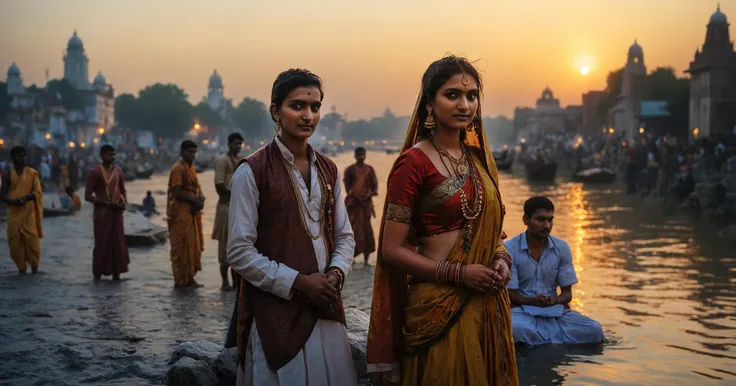 photograph a group of indian people in many colorful typical dresses are gathered at the edge of Ganges river, in India, (at sunset:1.3), golden hour, festivities, hinduism, holy bath, hinduist festivity, photorealistic, travel photography, (National Geography style:1.4), high definition, highest details, 8k, masterpiece, incredible light, 50mm . cinematic 4k epic detailed 4k epic detailed photograph shot on kodak detailed cinematic hbo dark moody, 35mm photo, grainy, vignette, vintage, Kodachrome, Lomography, stained, highly detailed, found footage, cinematic still a group of indian people in many colorful typical dresses are gathered at the edge of Ganges river, in India, (at sunset:1.3), golden hour, festivities, hinduism, holy bath, hinduist festivity, photorealistic, travel photography, (National Geography style:1.4), high definition, highest details, 8k, masterpiece, incredible light . emotional, harmonious, vignette, 4k epic detailed, shot on kodak, 35mm photo, sharp focus, high budget, cinemascope, moody, epic, gorgeous, film grain, grainy, (masterpiece), (best quality), (ultra-detailed), a group of indian people in many colorful typical dresses are gathered at the edge of Ganges river, in India, (at sunset:1.3), golden hour, festivities, hinduism, holy bath, hinduist festivity, photorealistic, travel photography, (National Geography style:1.4), high definition, highest details, 8k, masterpiece, incredible light, illustration, disheveled hair, detailed eyes, perfect composition, moist skin, intricate details, earrings, by wlop