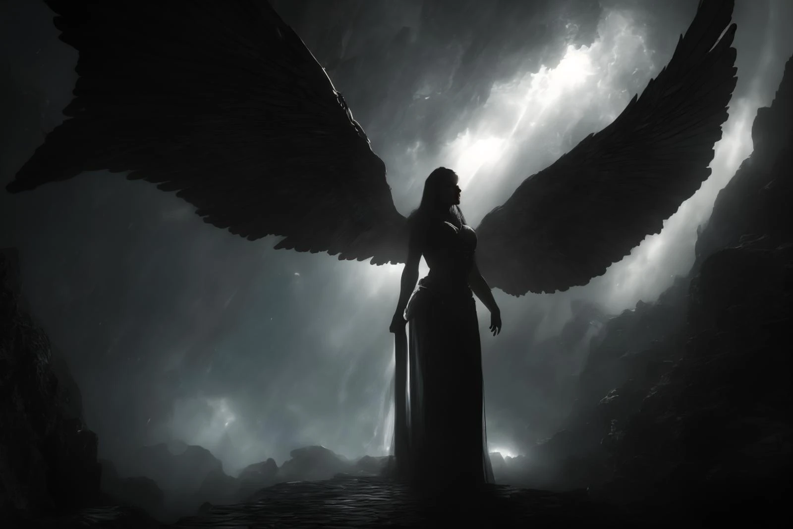 anthropomorphic female incredible creature from the Mariana Trench, gold eyes, angel, seraphim, angelic, angel wings,
fit body, fantasy armor, midriff, sexy,
perfect proportions, perfect anatomy, fit, nsfw sexy,
dynamic pose, angled shot, atmospheric, serene, heavenly,
fantasy, black background, cinematic, absurdres, high contrast, dark, shadows, beautiful, loincloth, Greek Goddess Athena, Mount Olympus,
ultra realistic, photography hyper realistic and hyper detailed, hyper emotional, epic underwater lighting, 32k UHD resolution, style expressive, epic background, nature, full shot, symmetrical, Greg Rutkowski, Charlie Bowater, Beeple, Unreal 5, hyperrealistic, dynamic lighting, fantasy art
Decadent, elegant, struggling, lifting earth,
<lora:dynamic_shot_10_film_noir_style:1> black, and, white, high, contrast, phas10, monochrome, greyscale, viewer, 1girl, looking, sky, hair, humans, scenery, photorealistic, photograph, photo, dlsr, FujiFilm, extremely high detail, (volumetric lighting), (dynamic lighting), godrays, Rembrandt lighting, real shadows, intricate detail, detailed skin texture, (blush:0.2), (goosebumps:0.3), subsurface scattering