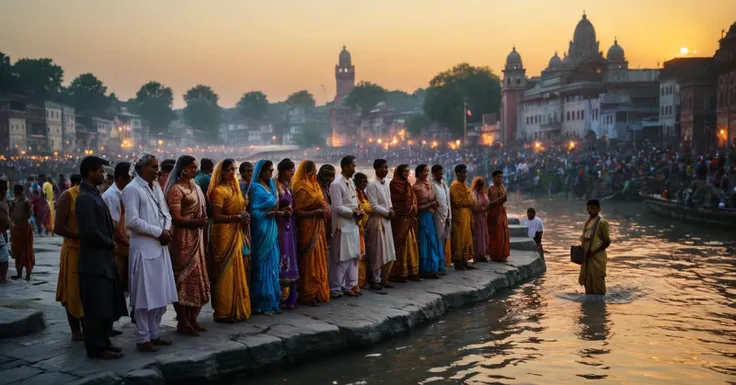 photograph a group of indian people in many colorful typical dresses are gathered at the edge of Ganges river, in India, (at sunset:1.3), golden hour, festivities, hinduism, holy bath, hinduist festivity, photorealistic, travel photography, (National Geography style:1.4), high definition, highest details, 8k, masterpiece, incredible light, 50mm . cinematic 4k epic detailed 4k epic detailed photograph shot on kodak detailed cinematic hbo dark moody, 35mm photo, grainy, vignette, vintage, Kodachrome, Lomography, stained, highly detailed, found footage, cinematic still a group of indian people in many colorful typical dresses are gathered at the edge of Ganges river, in India, (at sunset:1.3), golden hour, festivities, hinduism, holy bath, hinduist festivity, photorealistic, travel photography, (National Geography style:1.4), high definition, highest details, 8k, masterpiece, incredible light . emotional, harmonious, vignette, 4k epic detailed, shot on kodak, 35mm photo, sharp focus, high budget, cinemascope, moody, epic, gorgeous, film grain, grainy, (masterpiece), (best quality), (ultra-detailed), a group of indian people in many colorful typical dresses are gathered at the edge of Ganges river, in India, (at sunset:1.3), golden hour, festivities, hinduism, holy bath, hinduist festivity, photorealistic, travel photography, (National Geography style:1.4), high definition, highest details, 8k, masterpiece, incredible light, illustration, disheveled hair, detailed eyes, perfect composition, moist skin, intricate details, earrings, by wlop