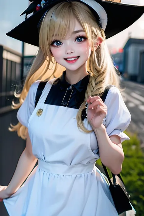 (masterpiece, best quality, highres:1.2), 1girl, solo, looking at viewer, outdoors, sunset,witch_hat, single_braid, blonde hair, long hair, yellow eyes, large_breasts, blush, embarrassed, furrowed brow, smile,magical_girl, short_sleeves, kirisame marisa \(cosplay\), white_shirt, black_skirt, white_apron <lora:real_hair:1>