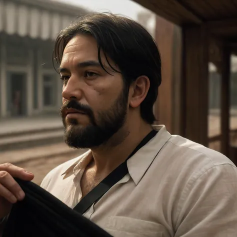 cinematic film still of UHD photo,a short, ugly, fat, middle-aged man with a patchy beard and scars on his face,Heart-Shaped Face, Upturned Eyes, [eye color grey], long nose, protruding upper lip, high cheekbones, weak receding chin, wearing a white linen shirt, black trousers and a red sash with a dagger around his waist , Background a building that defies gravity, with floating structures and cantilevered floors that seem to hover in mid-air a utopian world in good light with harmony ,detailed, tag, mural, hyper detailed, expressive,  award winning, (intricate details, masterpiece, best quality:1.4), ultra realistic 8k ,extremely detailed face eyes, <lora:GoodHands-beta2:1>, by Satoshi Kon and Mike Mignola,  (black , alluring , masterful:1.4), poster art, bold lines, hyper detailed, expressive,  award winning,  (landscape:1.4), (intricate details, masterpiece, best quality:1.4),
key lighting , looking at viewer, dynamic pose, wide angle view,, shallow depth of field, vignette, highly detailed, high budget, bokeh, cinemascope, moody, epic, gorgeous, film grain, grainy