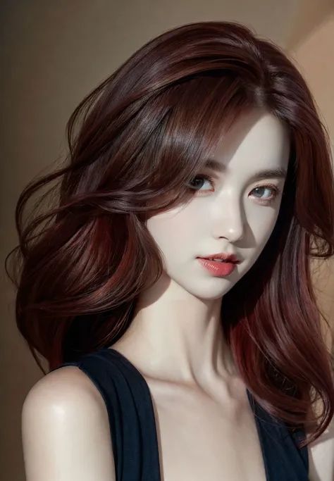 best quality, masterpiece, high_res, 1girl, hair ornament, necklace, jewelry, Beautiful face, tyndall effect, photo realistic, rim lighting, two tone lighting, (high detailed skin:1.2), 8k uhd, dslr, soft lighting, high quality, volumetric lighting, candid, Photograph, high resolution, 4k, 8k, Bokeh, medium breasts, lingerie pijamas, nipple, absurdres, shirt, long wavy hair, hair on shoulder, short fang, dark red hair color
