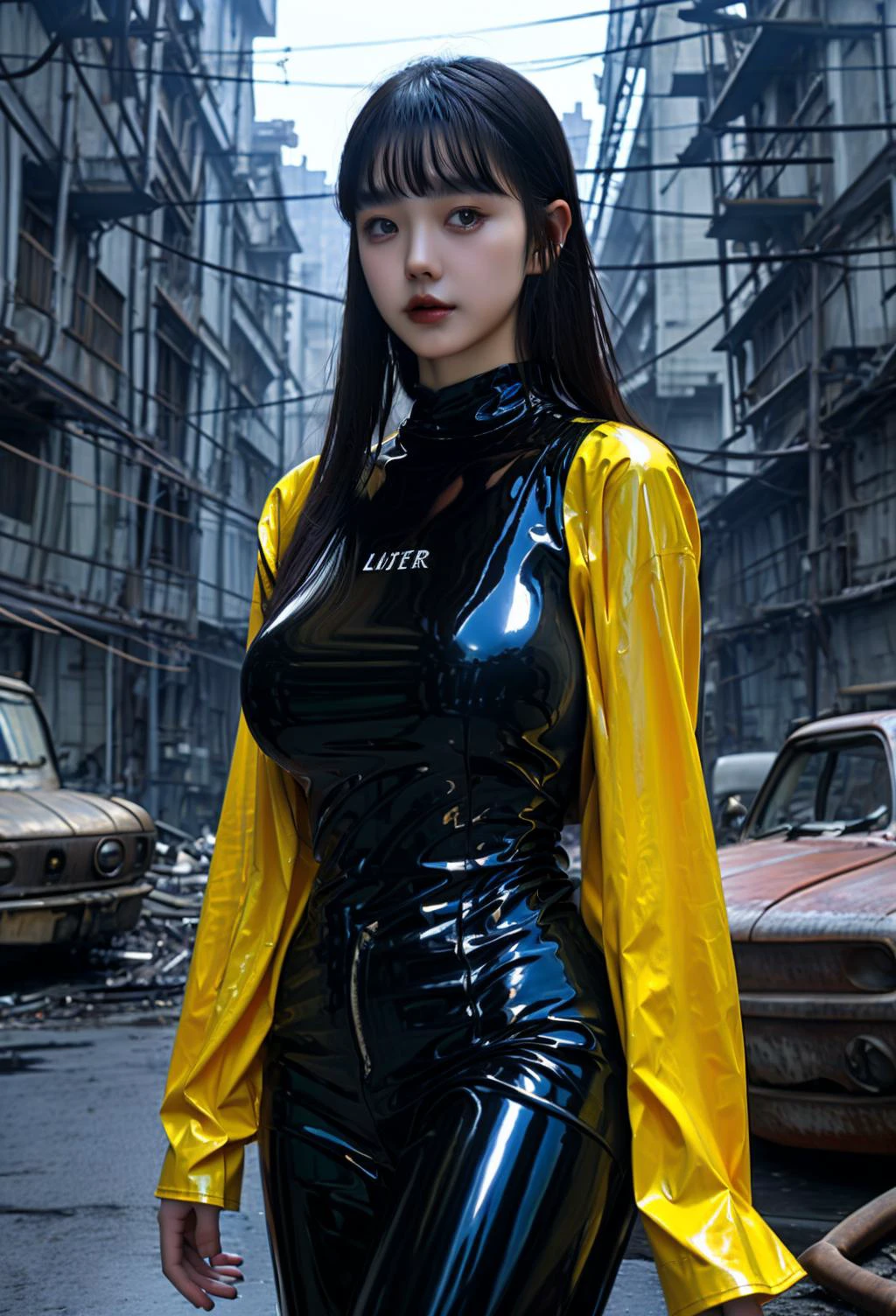 (xuer old world charm), 1girl,solo,,mecha,,bodysuit,,headwear removed,(city ruins:1.2),Floating mechanical props, (chrome latex pantyhose:1.2),latex tights outfit, (upper body:1.4),gigantic breasts,jewelry,
<lora:xuer old world charm_20240306002649:0.7>