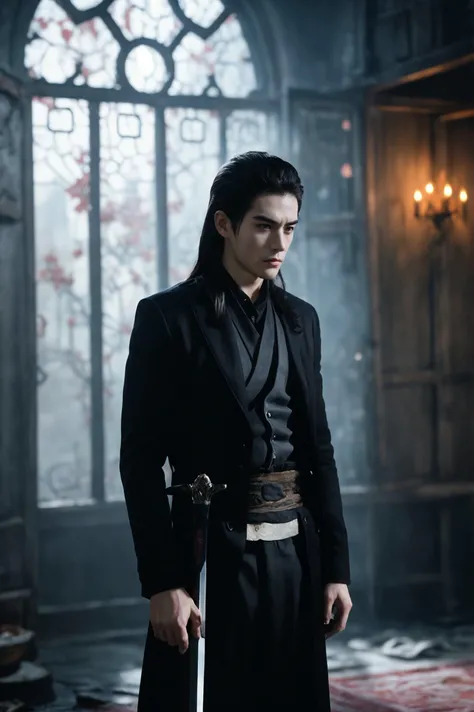 dramatic lighting, shallow depth of field, highly detailed, high budget, defocus, visuals, emotional, epic, gorgeous, film particles, granular. Professional and meticulous,gufeng,shufa,xiuxian,1boy,handsome,writing brush,whole body,stand, sword,flagon ,Correct hand