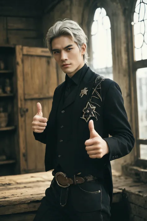 Incrs404,english text,Written On Clothes,1male,portrait,satoru gojo,white hair,short hair,hair between eyes,blue eyes,colored eyelashses,<lora:404:1>,(thumbs_up:1.4),(cowboy_shot:1.3),
