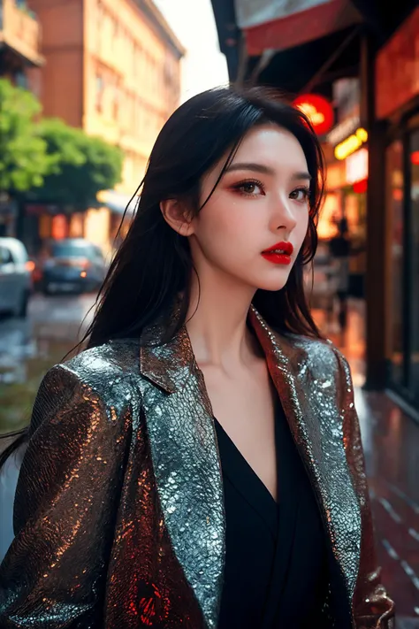 ((masterpiece)),((best quality)),((high detial)),((realistic,))1girl,
Industrial age city, deep canyons in the middle, architectural streets, bazaars, Bridges, rainy days, steampunk, European architecture,
A mature facesideways glance, (cold attitude,eyeshadow,eyeliner:0.9),(red lips:1.3),watery eyes,