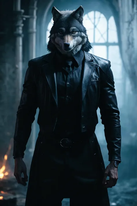 (wolf:1.6), tail, claws, personification, big muscle, male, cyborg, blue glow, masterpiece, best quality, highres, cinematic lighting,