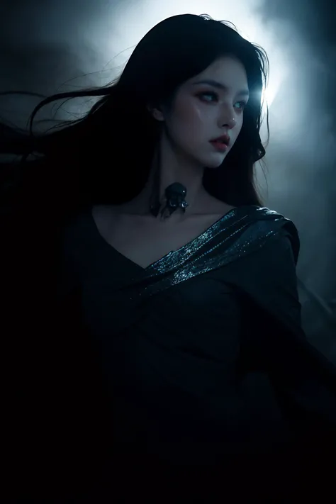 The Skeleton young Witch, flying, epoxy_skull, amidst a black swirling vortex in a dark, mystical forest. A beautiful woman with long hair stands, her figure draped in skeletal armor and an ethereal dress, engulfed by the swirling darkness. The scene is intensely cinematic, dominated by deep shadows pierced by subtle hints of light, crafting a dramatic interplay of darkness and luminescence. Wind, intensified to 1.2, weaves through the trees, enhancing her enigmatic silhouette, now surrounded by black smoke and the eye of a storm. Close-up on her sad expression, amidst sparkling embers and a billowing long piece of cloth, with a faint (intensity:0.5) hint of a Skeleton mask,