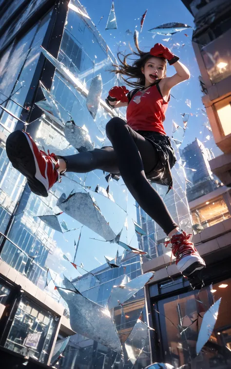 jumpingmidair, (1girl, solo:1.2), open mouth, outdoors, building, (broken glass:1.5), shoes, (red gloves:1.3),
Glow, reflective glass, light pollution
<lora:~Q?-gV jumping:0.8>