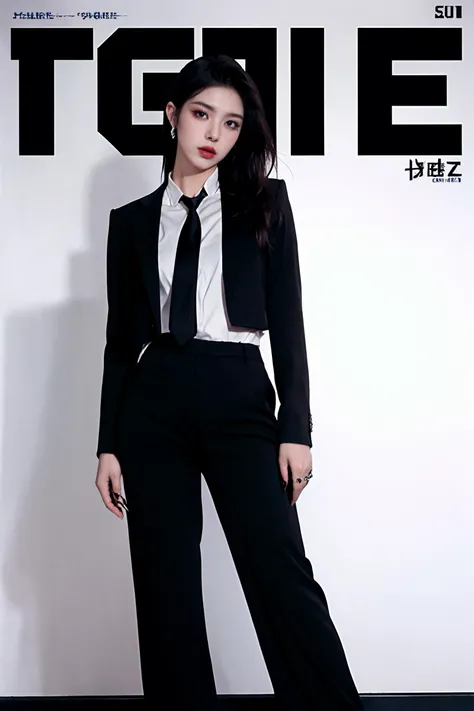 ((((dramatic))), (((gritty))), (((intense))) film poster featuring a A mature face as the central character.  She stands confidently in the center of the poster, A mature face
wearing a stylish and edgy outfit, with a determined expression on her face.  The background is dark and gritty, with a sense of danger and intensity.  The text is bold and attention-grabbing, with a catchy tagline that adds to the overall feeling of drama and excitement.  The color palette is mainly dark with splashes of vibrant colors, giving the poster a dynamic and visually striking appearance,tachi-e (magazine:1.3), (cover-style:1.3), fashionable, vibrant, outfit, posing, front, colorful,
solo, looking at viewer, shirt,1boy, white shirt, male focus, necktie, collared shirt, pants, black pants, formal, suit, black necktie, watch, wristwatch, black suit, full body,(long legs:1.2),Visual impact,A shot with tension,(upper body:1.0), sideways glance,cold attitude,
Ear stud,tattoo,