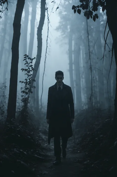 1 man,full body, horror,broken,distorted,sky,fog,smoke,dust,dark forest,shadow creatures, Junji Ito, masterpiece,ultra high res,high quality,cinematic lighting,