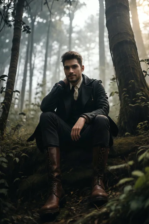 man sitting in forest, handsome face, grinning, angry, dominant, 25 year old, view from below, hunter, beard, boots:1.1, mud, sunshine, dirty boots, detailed environment