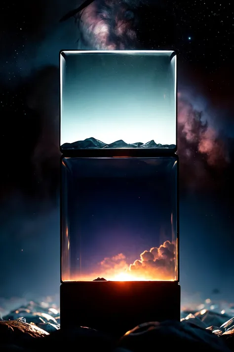 Bosch-style, a translucent cube traps eerie clouds, the starsscape warps, time distorts, surrealism reigns, stars, Glowing, sparkling