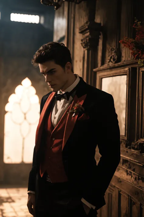1boy, dramatic lighting, big muscle, cyborg, red tuxedo.