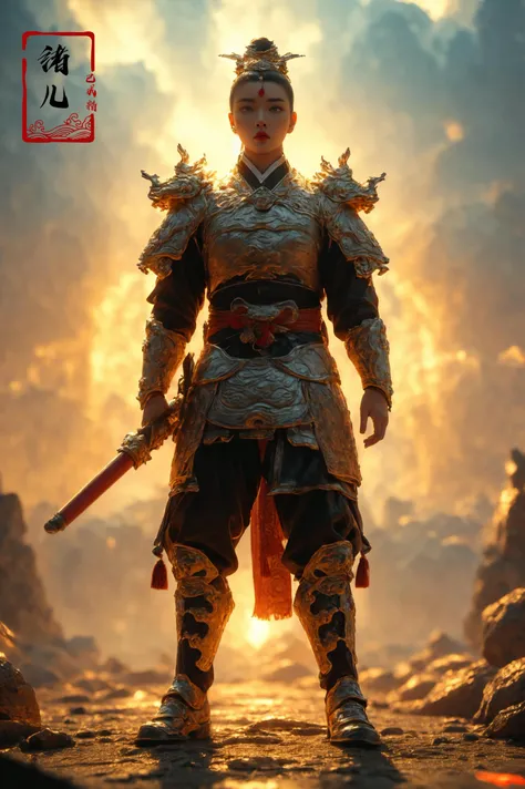 ((masterpiece)),(highres), original, (extremely detailed 8K wallpaper), (beautiful and clear background:1.4), (depth of field:0.5),award winning,(Surrealism:1.5), lens flare,shade, backlighting, depth of field, natural lighting,   hard focus, film grain, photographed with a Sony a9 II Mirrorless Camera, by Laurence Demais,  Dynamic Angle, Perspective, High Point,pov
cinematic lighting,ray tracing,3d,3d render,high-precision shadows,close-up,(imid shot,macro shot:1.25),(Detailed face description),(Detailed hair description),(Detailed clothes description),
xuer Ancient Chinese armor,  shoulder armorholding weapon, (full body:1.2), A mature facesideways glance, (cold attitude,eyeshadow,eyeliner:1.1),(red lips:1.3),watery eyes,
A shot with tension(sky glows red,Visual impact,giving the poster a dynamic and visually striking appearance:1.2),Chinese Zen style,impactful picture,
<lora:~Q?-N-Vu2 xuer Ancient Chinese armor:0.8>