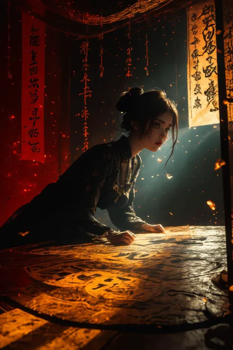 (((masterpiece))),(((best quality))),((super detailed)),((extremely delicate and beautiful)),cinematic light,detailed environment,xuer calligraphy,1girl,solo,(red and light black theme:1.3),dark turquoise and light gold,<lora:xuer calligraphy_20240101015710:0.8>,