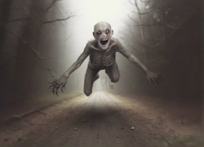 creepy creature jump on camera <lora:rfktrsMysteryCreatures_v10:0.7>