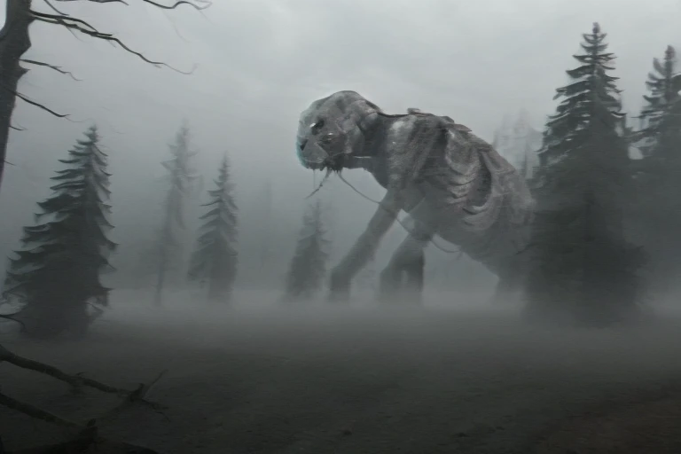 enormous creature, [plane crash], dark ambience, ((eating corpse:1.2)), dead body, crawling, (((half body:1.3))) ((woods)), flesh, slightly foggy, brutal, shallow depth of field, realistic <lora:rfktrsMysteryCreatures_v10:1>
