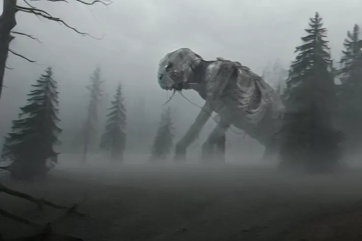 enormous creature, [plane crash], dark ambience, ((eating corpse:1.2)), dead body, crawling, (((half body:1.3))) ((woods)), flesh, slightly foggy, brutal, shallow depth of field, realistic <lora:rfktrsMysteryCreatures_v10:1>