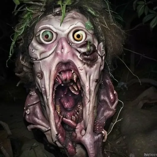 cursed image, nightmare, creepy evil bird creature planted on the ground, agape mouth, in dark jungle, flesh and wounds, uncanny, <lora:cursedImages_cursedImages:0.7> ,  <lora:rfktrsMysteryCreatures_v10:0.4>