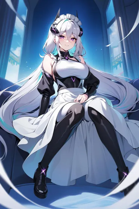 1girl,  kearsd, hair between eyes, purple eyes,  (twintails, low twintails:1.2), hair hair ornament, headgear,  absurdly long hair, hair ornaments, multicolored hair, (maid, maid headdress, maid apron:1.2), okobo, best quality,  ((masterpiece)), high details, detailed, perspective, naughty face, happy, moody lighting, light rays, mansion, abstract background, depth of field, cinematic angle camera, <lora:kearsargeXLAL-000004:0.8>, establish, rating: sensitive, mature female, large breasts, full body,