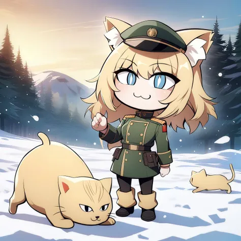 best quality,masterpiece,absurdres,anime style,(necoarc),slit pupils, cat ears, chibi, :3, blonde hair,blue eyes,youjo senki,tanya degurechaff,military hat,green military uniform,outdoors,snowfield,<lora:necoarc-guy-PONY-v1:1>