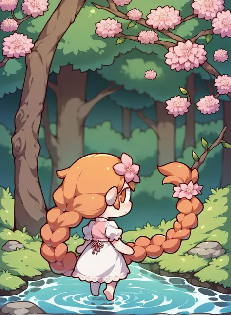 score_9,score_8_up,score_7_up,score_6_up,score_5_up,score_4_up witchyset52, 1girl,solo,long hair,looking at viewer,hair ornament,dress,jewelry,very long hair,standing,full body,braid,flower,outdoors,looking back,hair flower,water,from behind,orange hair,tree,pink flower,branch,absurdly long hair,<lora:necoarc-guy-PONY-v1:0.8>,necoarc,chibi,