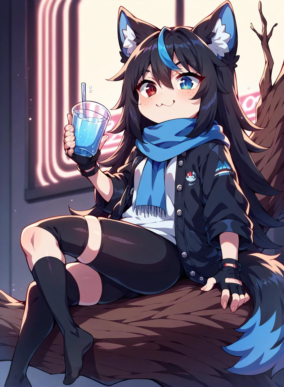 score_9,score_8_up,score_7_up,score_6_up,score_5_up,score_4_up source_questionable, score_9,score_8_up,score_7_up,score_6_up,score_5_up,score_4_up, witchyset109, ice, dutch angle, sitting in tree, lazy 1 girl freckles,long blue scarf,wolf ears,wolf tail,black hair,black tanktop,long hair,<lora:anipony_XL:0.8>,anime,indoors,blue inner ear fluff,red streaked hair,blue streaked hair,heterochromia,blue left eye,red right eye,blackthighhighs,trans,bike shorts,black jacket,fingerless gloves,gaming pc,neon lights,,<lora:necoarc-guy-PONY-v1:0.8>,necoarc,chibi,