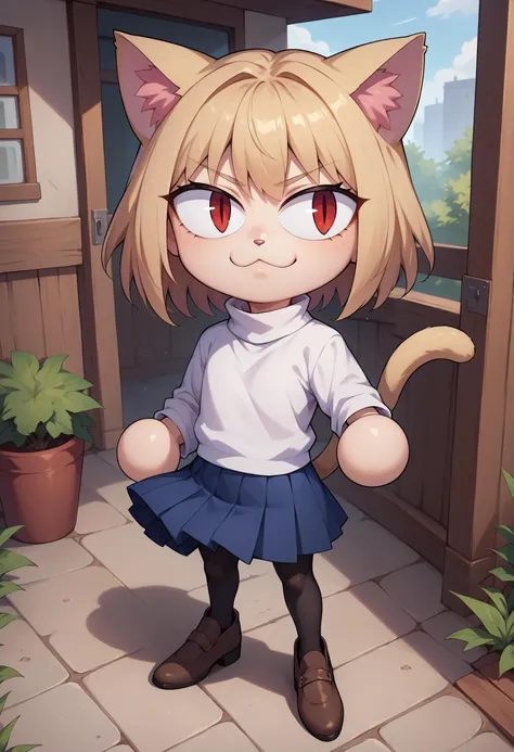 score_9, score_8_up, score_7_up, score_6_up, BREAK necoarc,slit pupils, cat ears, blonde hair, red eyes, chibi, :3, turtleneck, blue skirt, pleated skirt, pantyhose, brown footwear  <lora:necoarc-guy-PONY-v1:0.8>