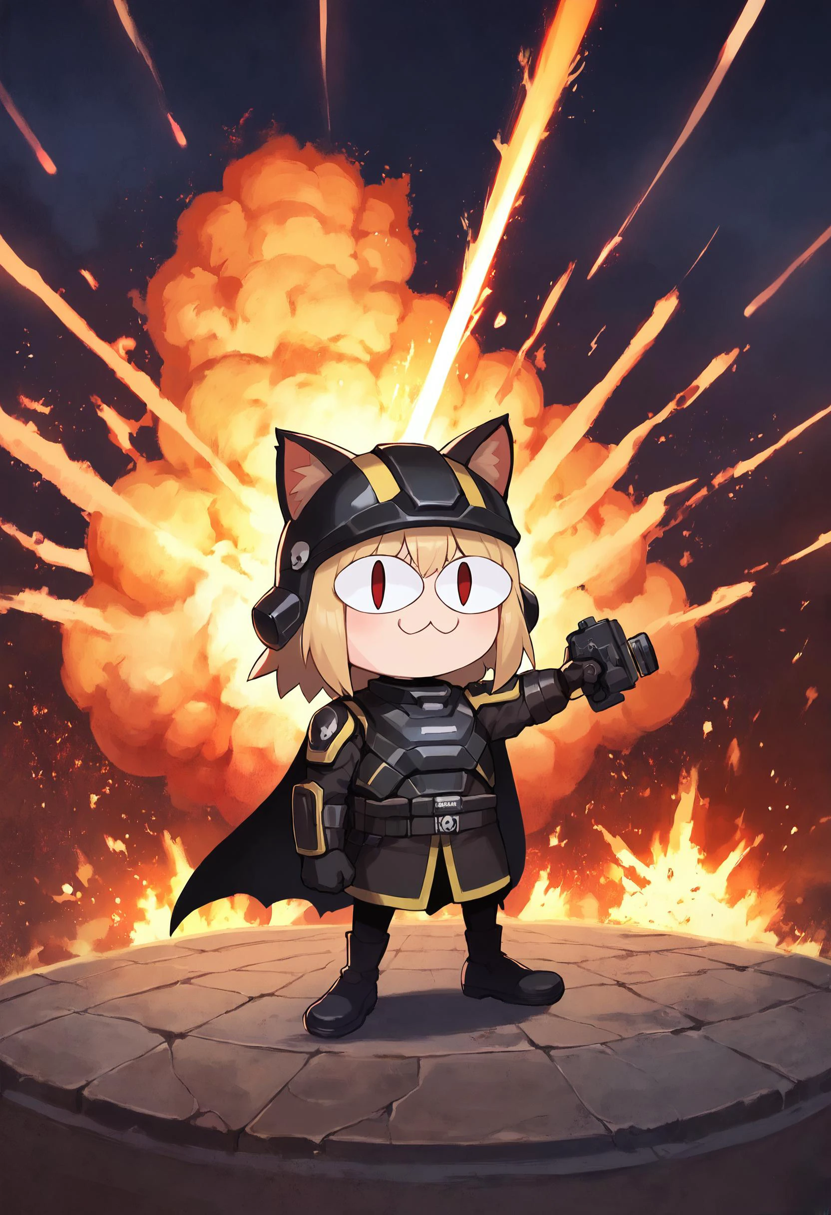 cinematic, solo:1:1, score_9, score_8_up, score_7_up, score_6_up, <lora:owc-guy-PONYv1:1>, photo,8k,source_anime,blonde hair, red eyes, slit pupils, cat ears, :3, chibi, <lora:necoarc-guy-PONYv1_1:1>, helldiver:1.2, black helmet, black armor, cape, yellow accents, explosion, fire, laser, shots, <lora:HelldiversXL:1>