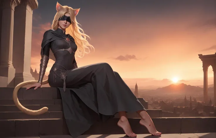 (score_9, score_8_up:1.1), score_7_up, 1 girl, solo, (<lora:necoarc-guy-PONY-v1:0.7>, necoarc, looking at viewer, full body, cat ears, :3, long hair, blonde hair, cat tail, light smile, realistic proportion, realistic, ultra realistic), midjourney artstyle, indoor, perfect face, perfect hands, Fire Keeper, dark grey cloak, dark grey dress, long dress, darkness, temple of fire, black blindfold, eyes covered with a blindfold, dark souls style, hands folded in front, evening, red sunset, blood sun, burns on the hands, Sitting on the edge of a cliff, dark fantasy, Gothic temple, torchlight, perfect fingers,
