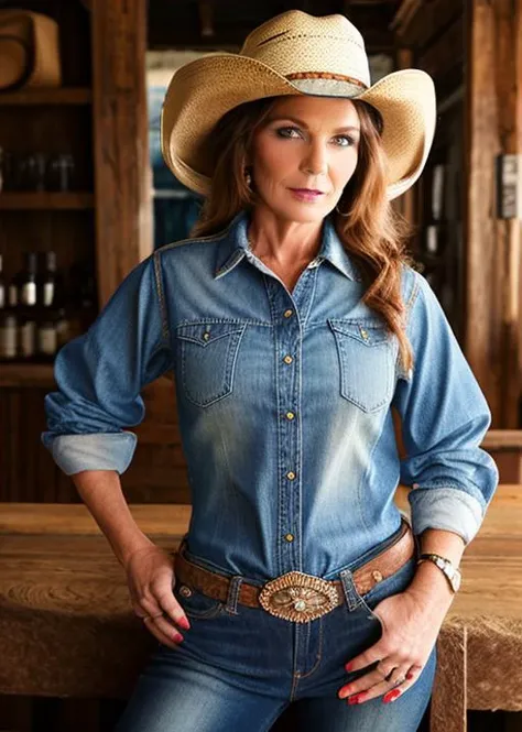 Real estate photography style, A captivating masterpiece of an woman in a saloon, (((dressed in a denim blouse and a cowboy hat))), half body, glamour, dramatic, studio lighting, looking at viewer, blurred background, 8k, <lora:MS_Deauxma_V1_32:0.8>, Professional, inviting, well-lit, high-resolution, property-focused, commercial, highly detailed