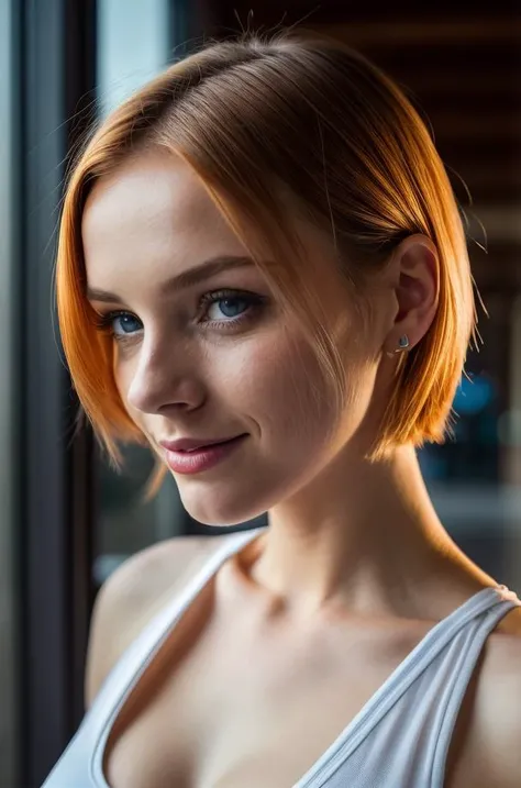 (MartaG-120), RAW photo, a close up portrait, 25yo, ginger_hair, green_eyes, lips, short_hair, looking_at_viewer, white_tanktop, photo_\(medium\), photorealistic, realistic, smile, solo, (high detailed skin:1.2), 8k uhd, dslr, cinematic lighting, high quality, film grain, Fujifilm XT3, <lora:add_detail:0.35>