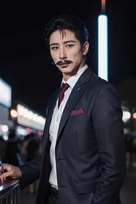 ultra-detailed,highly detailed,best quality,masterpiece,illustration,
mouri kogorou, 1boy,38yo male, solo, mature male,suit,blue jacket, pencil mustache,
night, city lights,
<lora:mouri kogorou_v1_08:0.7>