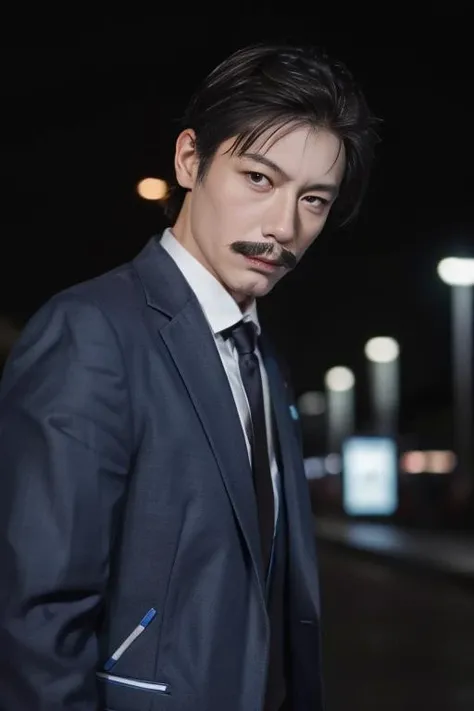 ultra-detailed,highly detailed,best quality,masterpiece,illustration,
mouri kogorou, 1boy,38yo male, solo, mature male,suit,blue jacket, pencil mustache, 
drunk, bee,hangover, night, bars, 
<lora:mouri kogorou_v1_08:0.7>