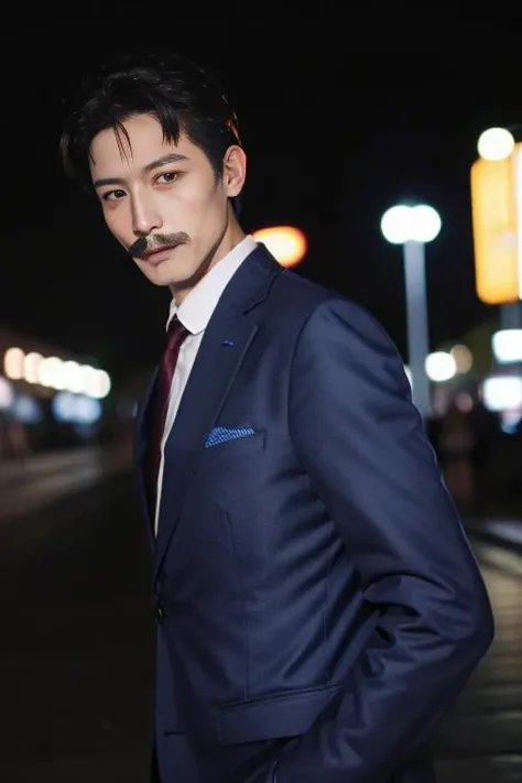 ultra-detailed,highly detailed,best quality,masterpiece,illustration,
mouri kogorou, 1boy,38yo male, solo, mature male,suit,blue jacket, pencil mustache,
night, city lights,
<lora:mouri kogorou_v1_08:0.7>