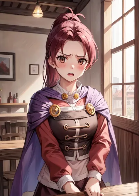masterpiece, best quality, jenna, ponytail, purple cape, vest, red shirt, brown skirt, upper body, looking at viewer, indoors, wooden building, tavern, flustered, blushing, annoyed, open mouth <lora:jenna-nvwls-v1-000012:0.9>