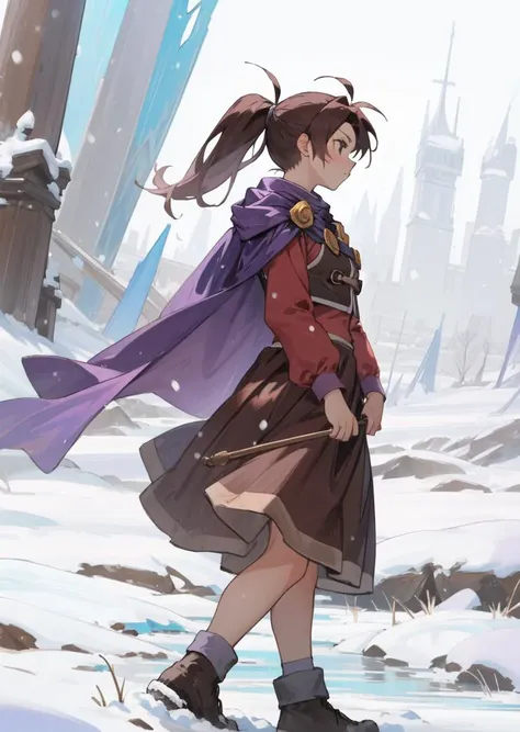 masterpiece, best quality, jenna, ponytail, purple cape, vest, red shirt, brown skirt, shoes, side view, walking, glacial tundra, snow <lora:jenna-nvwls-v1-000012:0.9>