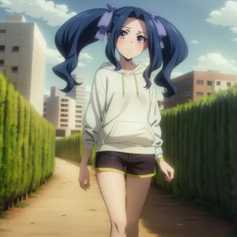 <lora:Melty:1>,
,anime screencap,anime coloring,
1girl, purple eyes, twintails, blue hair, ribbon, outdoors, sidelocks ,hoodie, cowboy shot, eyes visible through hair, looking at viewer, walking,city,shorts,bare legs,