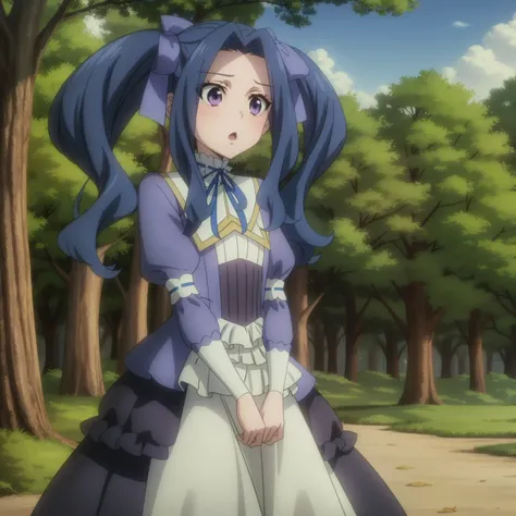 <lora:Melty:1>,
,anime screencap,anime coloring,forest,path,
1girl, purple eyes, dress, twintails, ribbon, blue hair, long hair, :o, open mouth, hair ribbon, outdoors, bow, ribbon trim, sidelocks ,puffy sleeves, cowboy shot, eyes visible through hair,