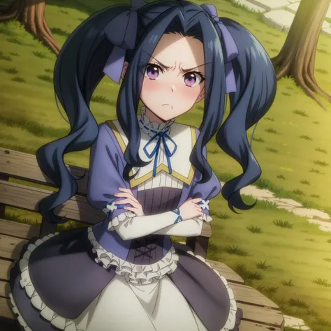 <lora:Melty:1>,
,anime screencap,anime coloring,forest,path,
1girl, purple eyes, dress, twintails, blue hair,frills, hair ribbon, outdoors, bow, ribbon trim, sidelocks ,puffy sleeves, cowboy shot, eyes visible through hair, looking at viewer, dutch angle,sitting on bench,crossed arms, annoyed,frown,blush,