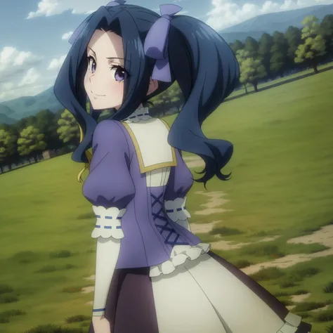 <lora:Melty:1>,
,anime screencap,anime coloring,forest,path,
1girl, purple eyes, dress, twintails, blue hair,frills, :smile, hair ribbon, outdoors, bow, ribbon trim, sidelocks ,puffy sleeves, cowboy shot, eyes visible through hair, looking back,from behind, looking at viewer, dutch angle,