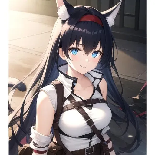 beautiful detailed illustration, amazing art, (((extremely detailed 8k wallpaper))), (best quality), dark atmosphere, at night,  (buildings), atmosphere lighting, style of cygames, 1girl, energetic girl, cat girl, solo, from above, cowboy shot, collarbone, breast cleavage, arms behind back, blaze, medium breasts,  ruins, (buildings),   looking at viewer, (light smile), gucci gangs,  ((extremely detailed)), <lora:arknightsBLAZE_v10:1.05>
