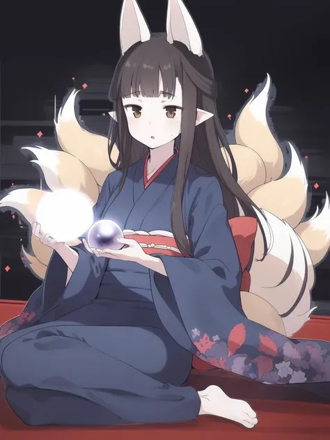 <lora:Hasaha_adult:1>, Hasaha_adult, 1girl, soro, brown eyes, animal ears, black hair, pointy ears, long hair, fox ears, bangs, blunt bangs, forest, night, college age, 20 years old, full body, 
 japanese clothes, kimono, tail, katana, blue kimono, fox tail, crystal ball,
 masterpiece, high quality, very_high_resolution, large_filesize, full color,