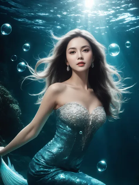 The scene of a beautiful mermaid swimming in the deep sea, long flowing silver hair, perky breasts, gorgeous fishtail skirt, the skirt is inlaid with shining pearls and gems, noble and mysterious, white skin, the light smile, the eyes twinkle, as if telling a moving story, the surrounding bubbles and water waves add to the motion and depth of the picture, the peace and mystery in the deep sea, Beautiful and romantic, full of imagination and artistic appeal, fantasism, fantasy style, masterpieces, pastel colors, deep sea scenes, movie lighting, high contrast, unimaginable beauty,, (best quality:1.3)